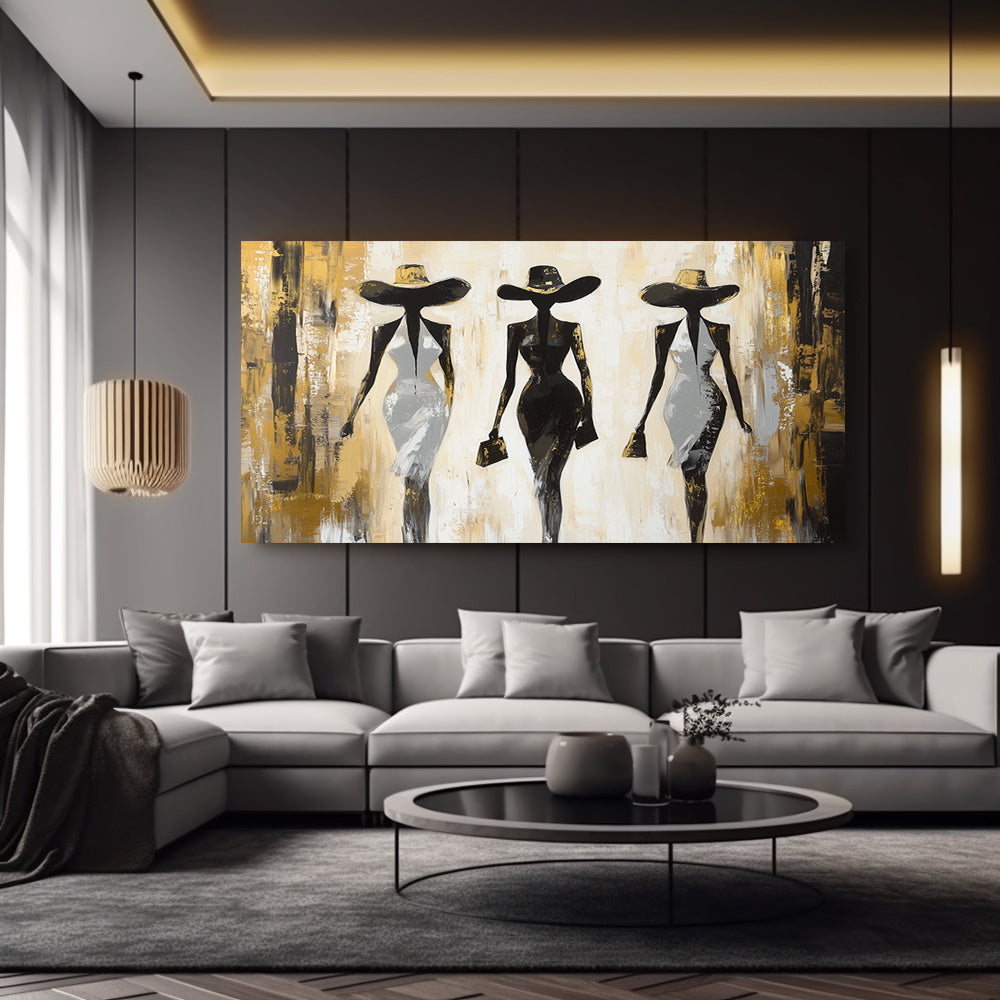 2D Flat Canvas Wall Art – Modern Abstract Fashion Silhouette Painting with Golden & Black Accents