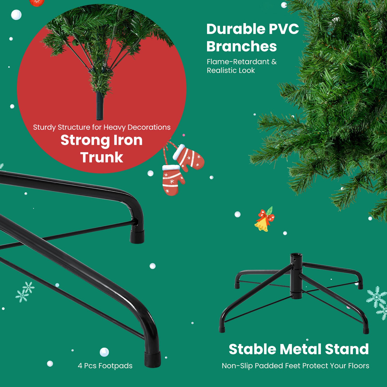 4.5/6/7.5-Foot Pre-Lit Artificial Christmas Tree with Snowflake Decor – 347/700/1000 Tree Tops & 120/250/450 Bulbs, Hinged Structure & Foldable Base for Home, Office, Party Decorations