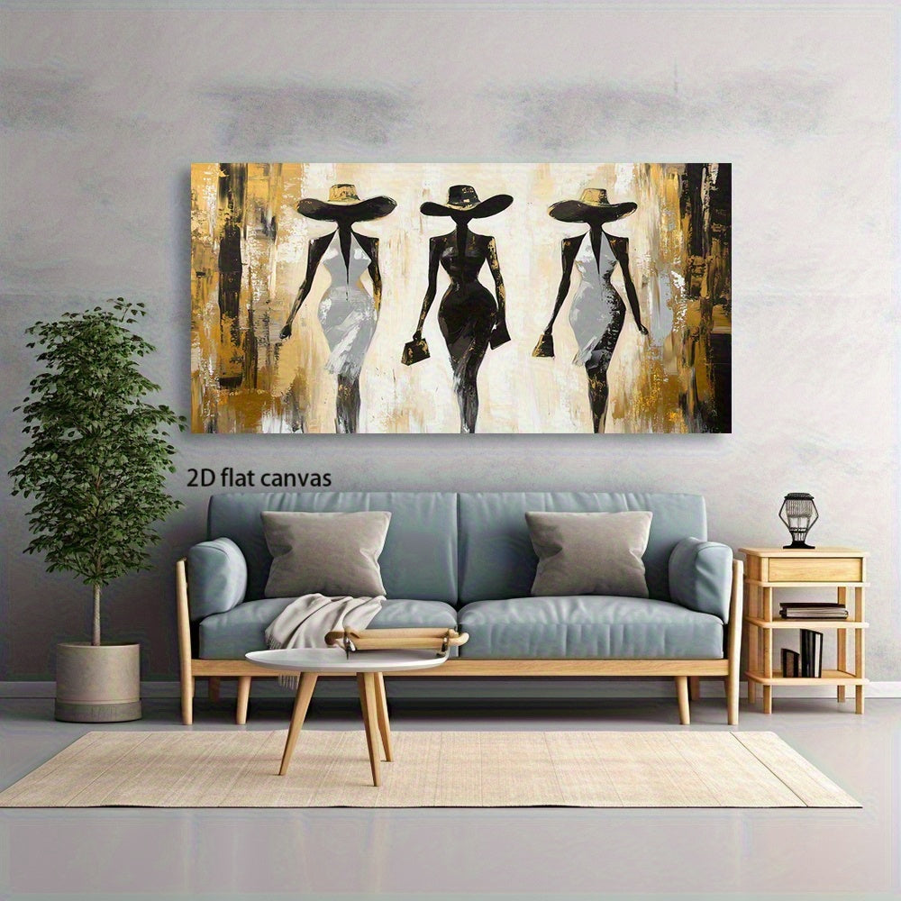 2D Flat Canvas Wall Art – Modern Abstract Fashion Silhouette Painting with Golden & Black Accents