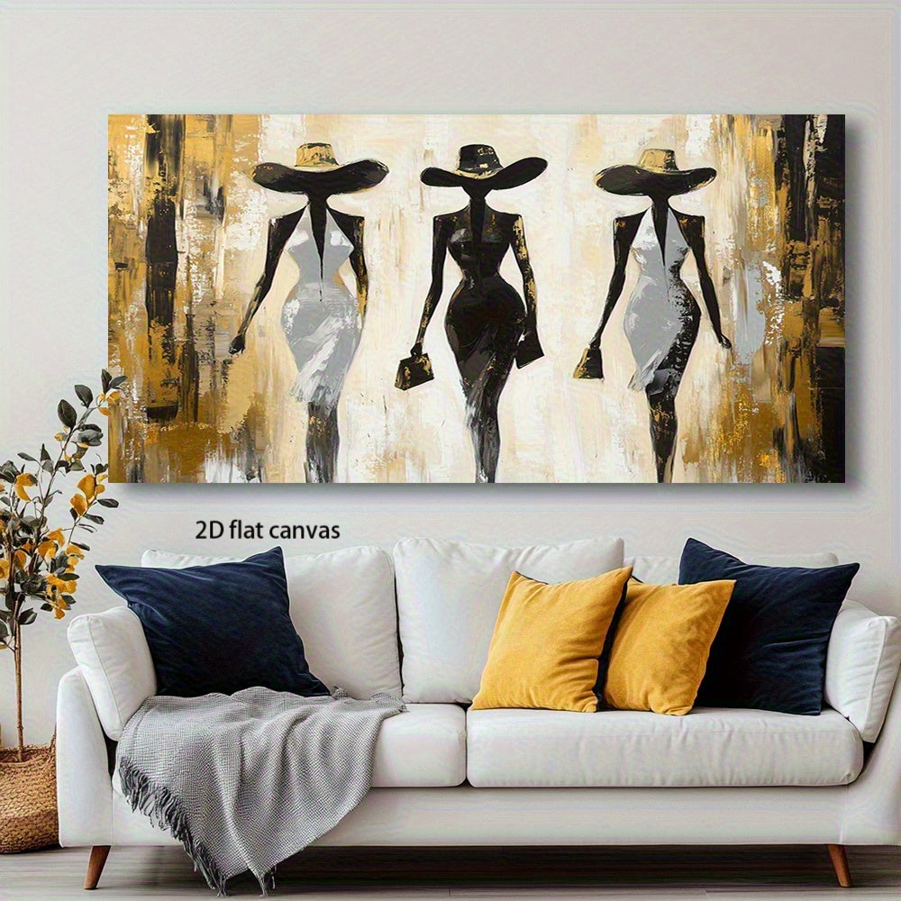 2D Flat Canvas Wall Art – Modern Abstract Fashion Silhouette Painting with Golden & Black Accents