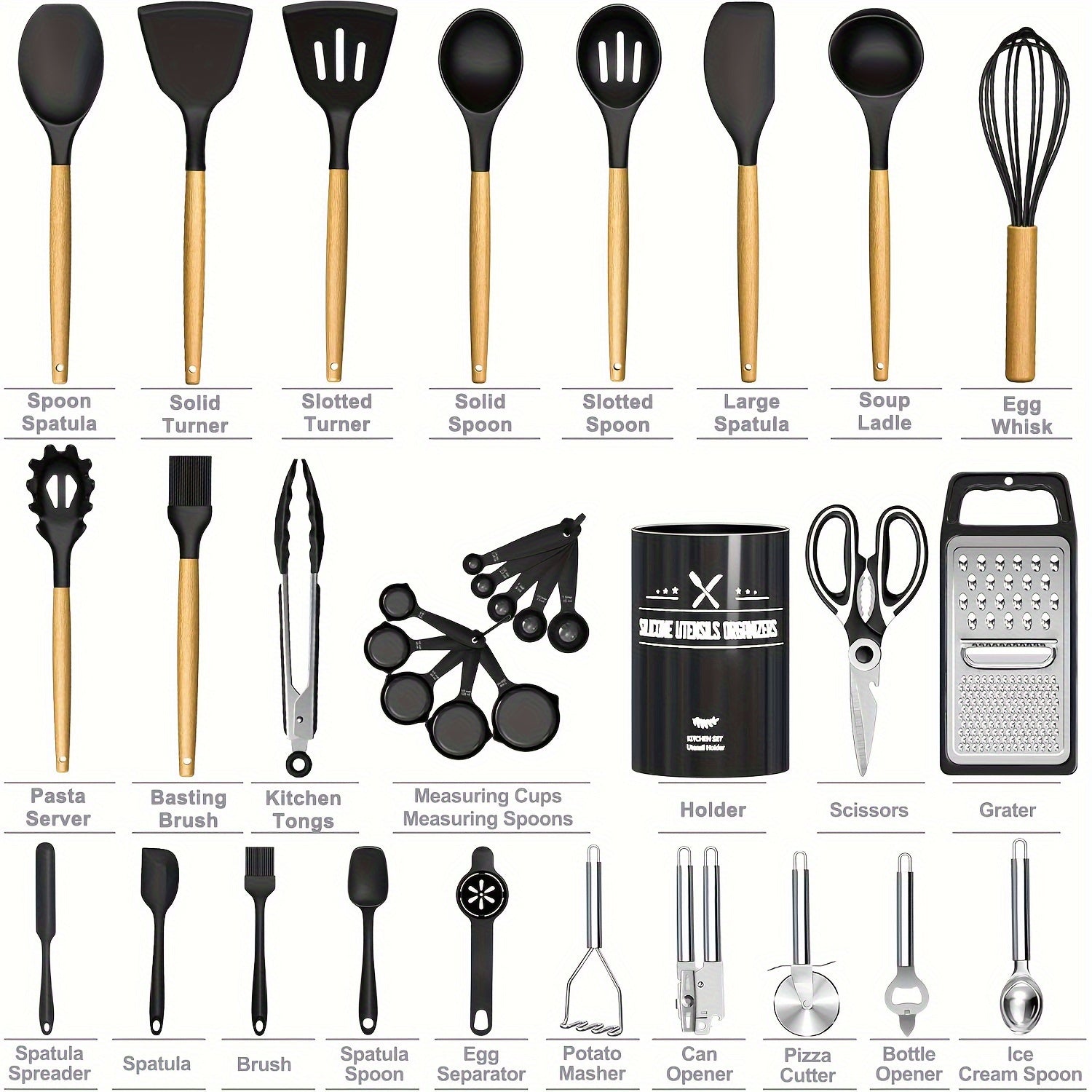 34-Piece Black Silicone Kitchen Utensil Set – Heat Resistant Cooking Tools with Wooden Handles & Holder | Non-Stick, BPA-Free, Dishwasher Safe Kitchen Accessories
