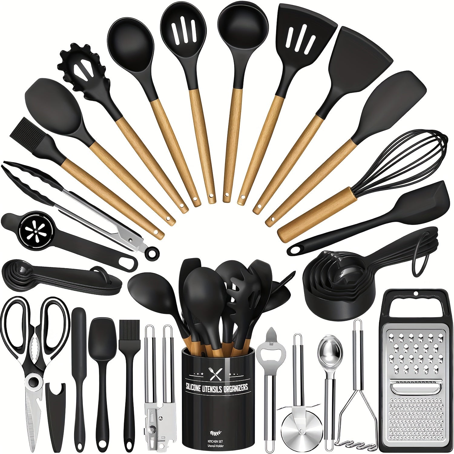 34-Piece Black Silicone Kitchen Utensil Set – Heat Resistant Cooking Tools with Wooden Handles & Holder | Non-Stick, BPA-Free, Dishwasher Safe Kitchen Accessories