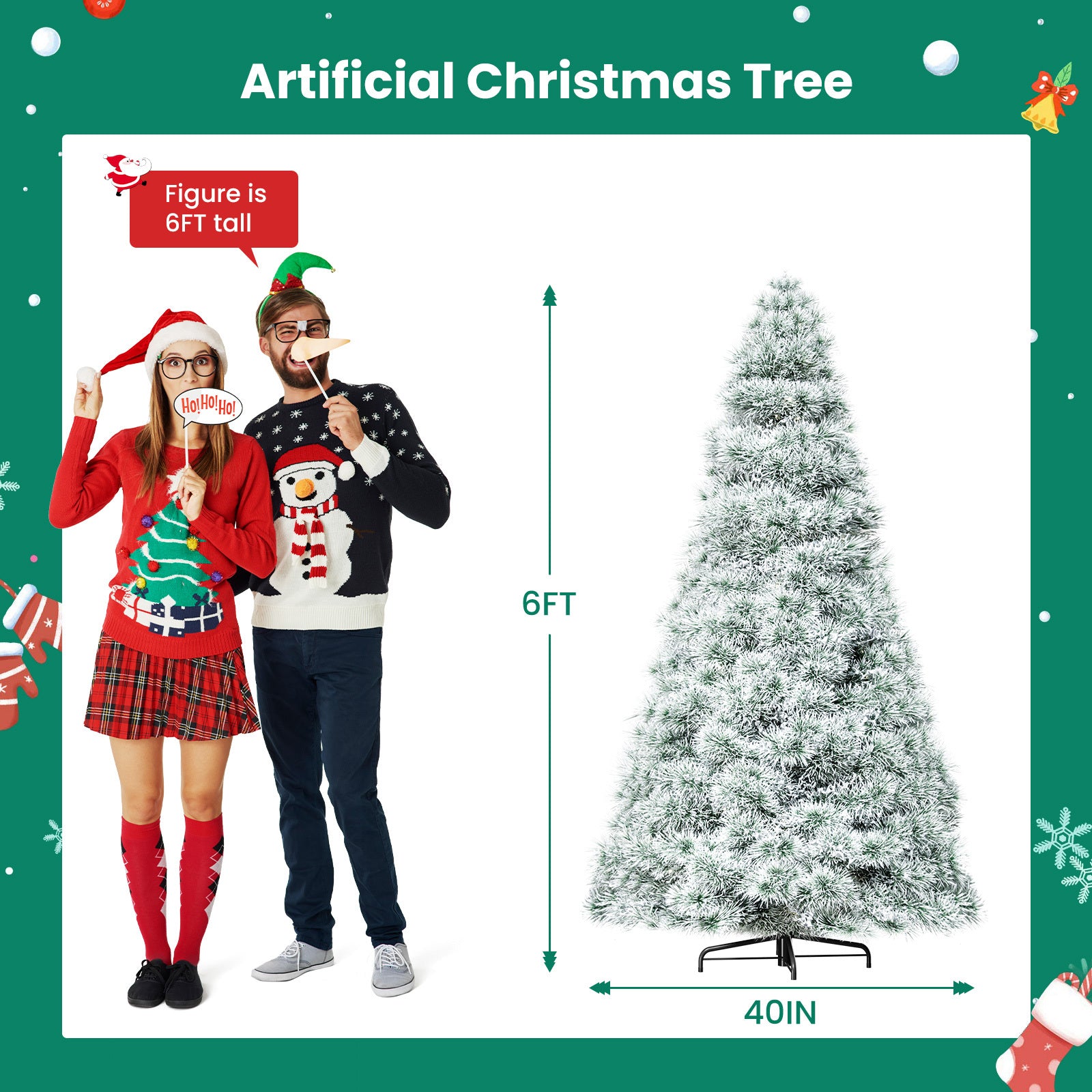 4.5/6/7.5-Foot Pre-Lit Artificial Christmas Tree with Snowflake Decor – 347/700/1000 Tree Tops & 120/250/450 Bulbs, Hinged Structure & Foldable Base for Home, Office, Party Decorations