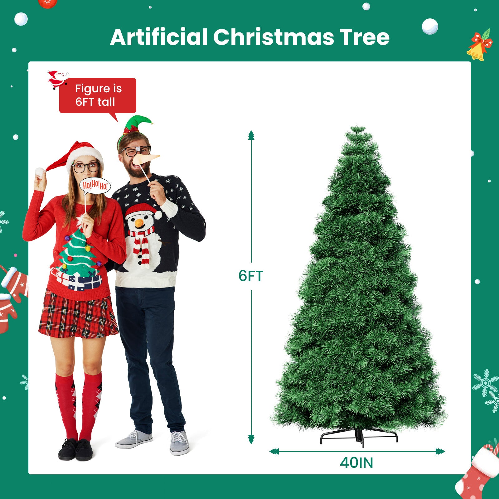 4.5/6/7.5-Foot Pre-Lit Artificial Christmas Tree with Snowflake Decor – 347/700/1000 Tree Tops & 120/250/450 Bulbs, Hinged Structure & Foldable Base for Home, Office, Party Decorations