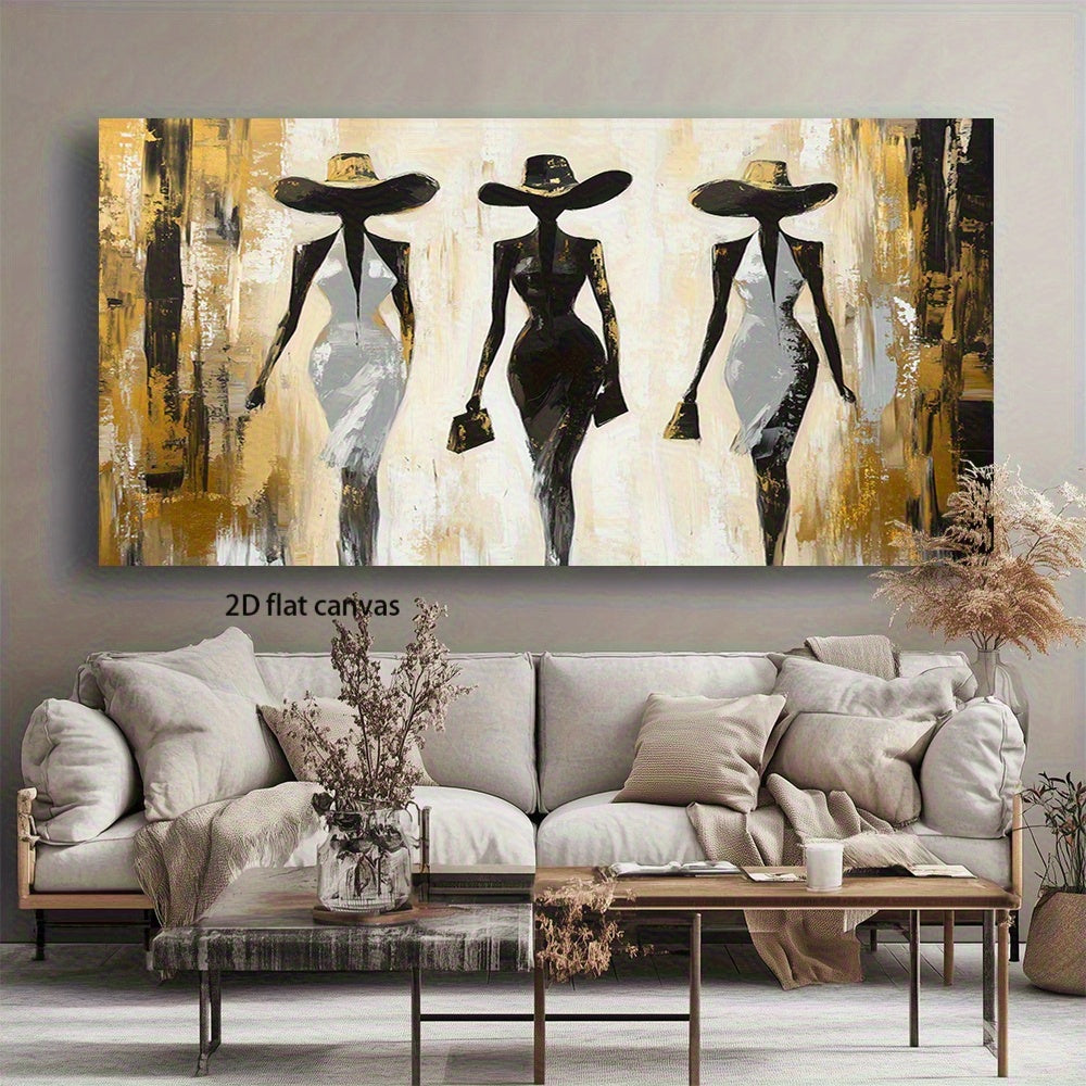 2D Flat Canvas Wall Art – Modern Abstract Fashion Silhouette Painting with Golden & Black Accents