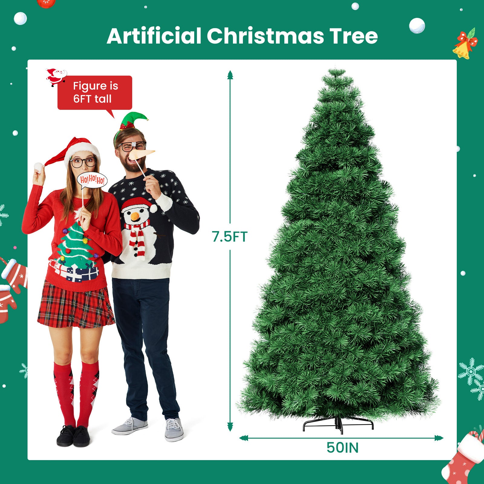 4.5/6/7.5-Foot Pre-Lit Artificial Christmas Tree with Snowflake Decor – 347/700/1000 Tree Tops & 120/250/450 Bulbs, Hinged Structure & Foldable Base for Home, Office, Party Decorations