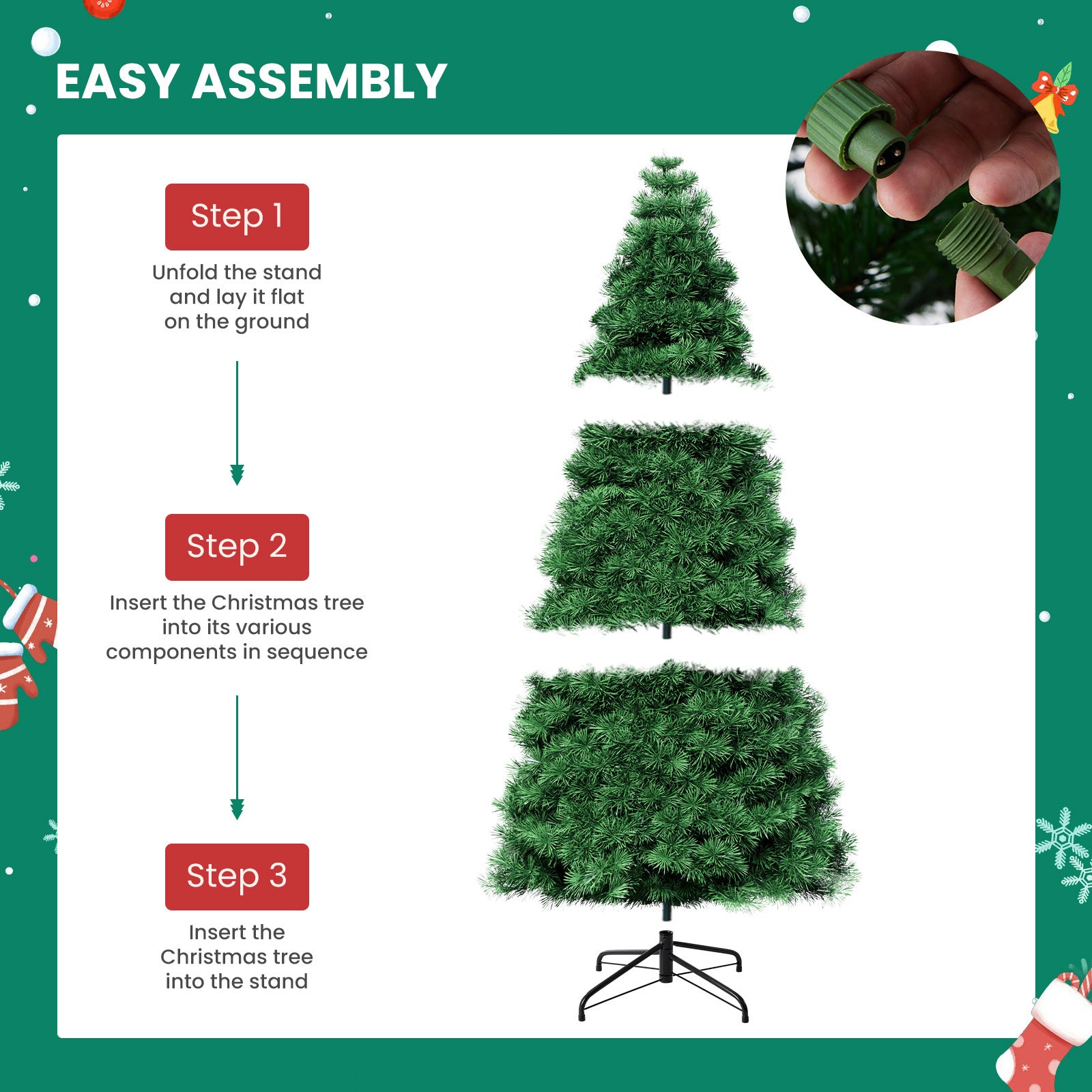 4.5/6/7.5-Foot Pre-Lit Artificial Christmas Tree with Snowflake Decor – 347/700/1000 Tree Tops & 120/250/450 Bulbs, Hinged Structure & Foldable Base for Home, Office, Party Decorations