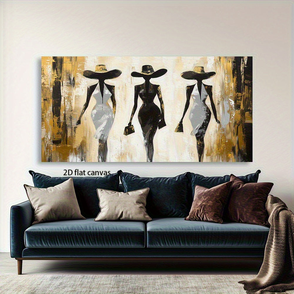 2D Flat Canvas Wall Art – Modern Abstract Fashion Silhouette Painting with Golden & Black Accents