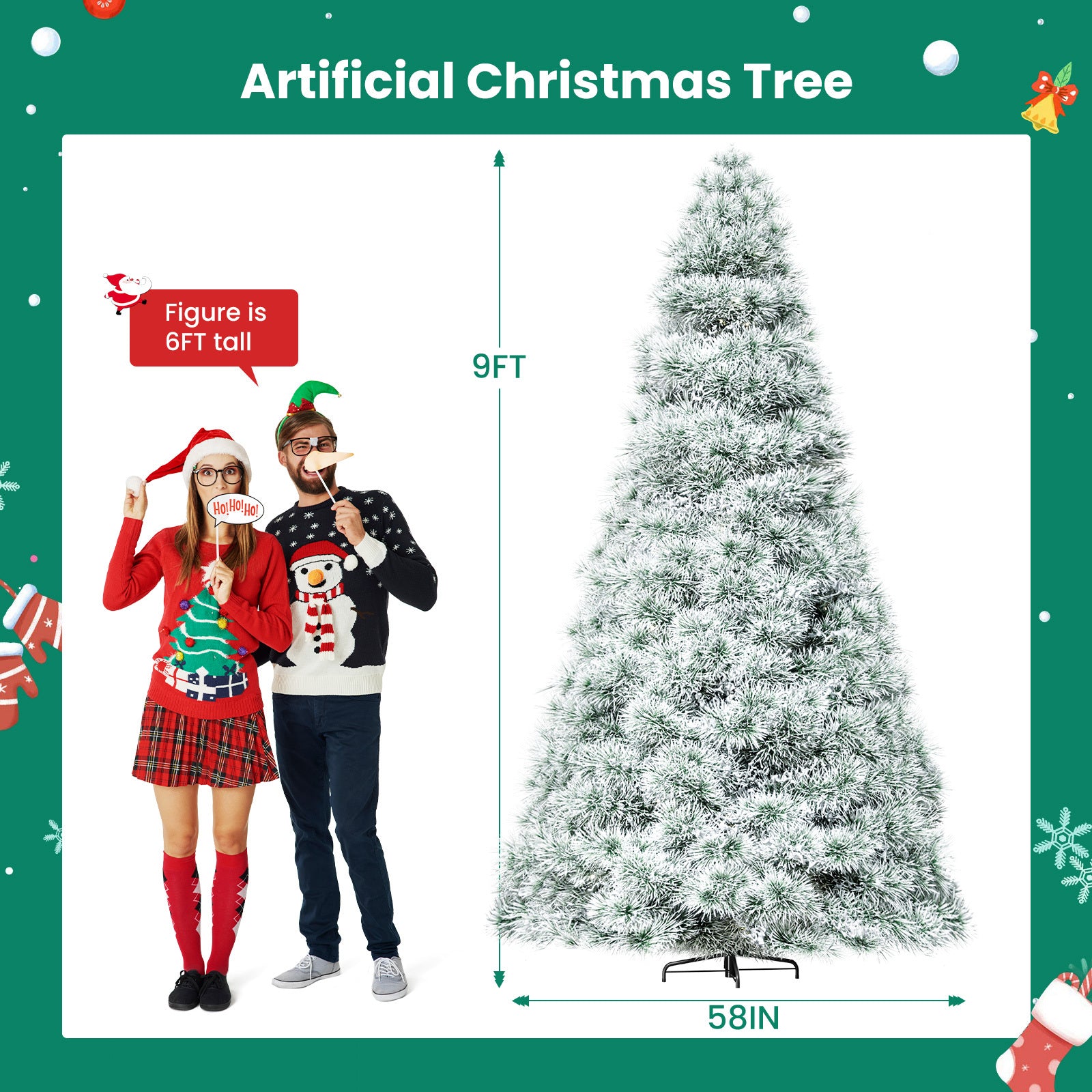 4.5/6/7.5-Foot Pre-Lit Artificial Christmas Tree with Snowflake Decor – 347/700/1000 Tree Tops & 120/250/450 Bulbs, Hinged Structure & Foldable Base for Home, Office, Party Decorations