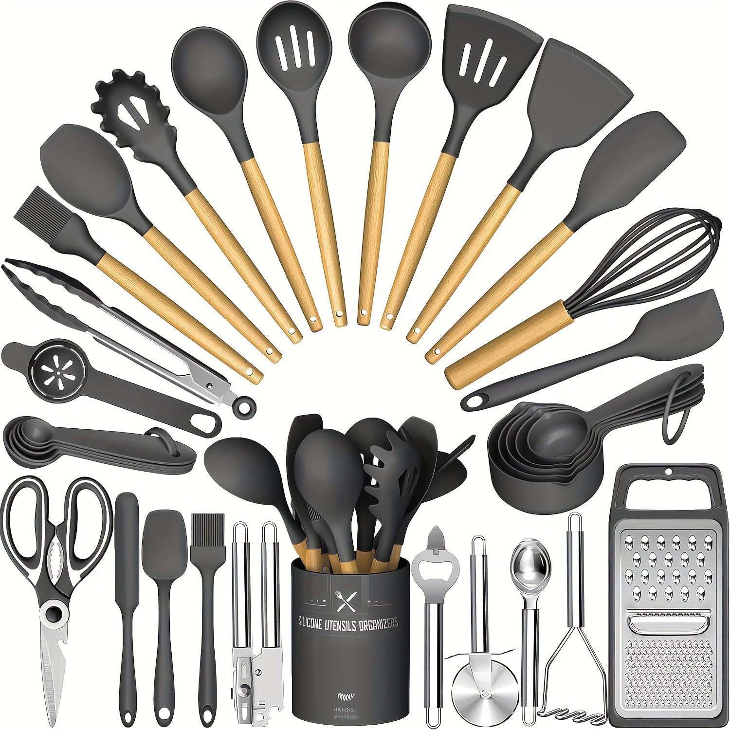 34-Piece Black Silicone Kitchen Utensil Set – Heat Resistant Cooking Tools with Wooden Handles & Holder | Non-Stick, BPA-Free, Dishwasher Safe Kitchen Accessories
