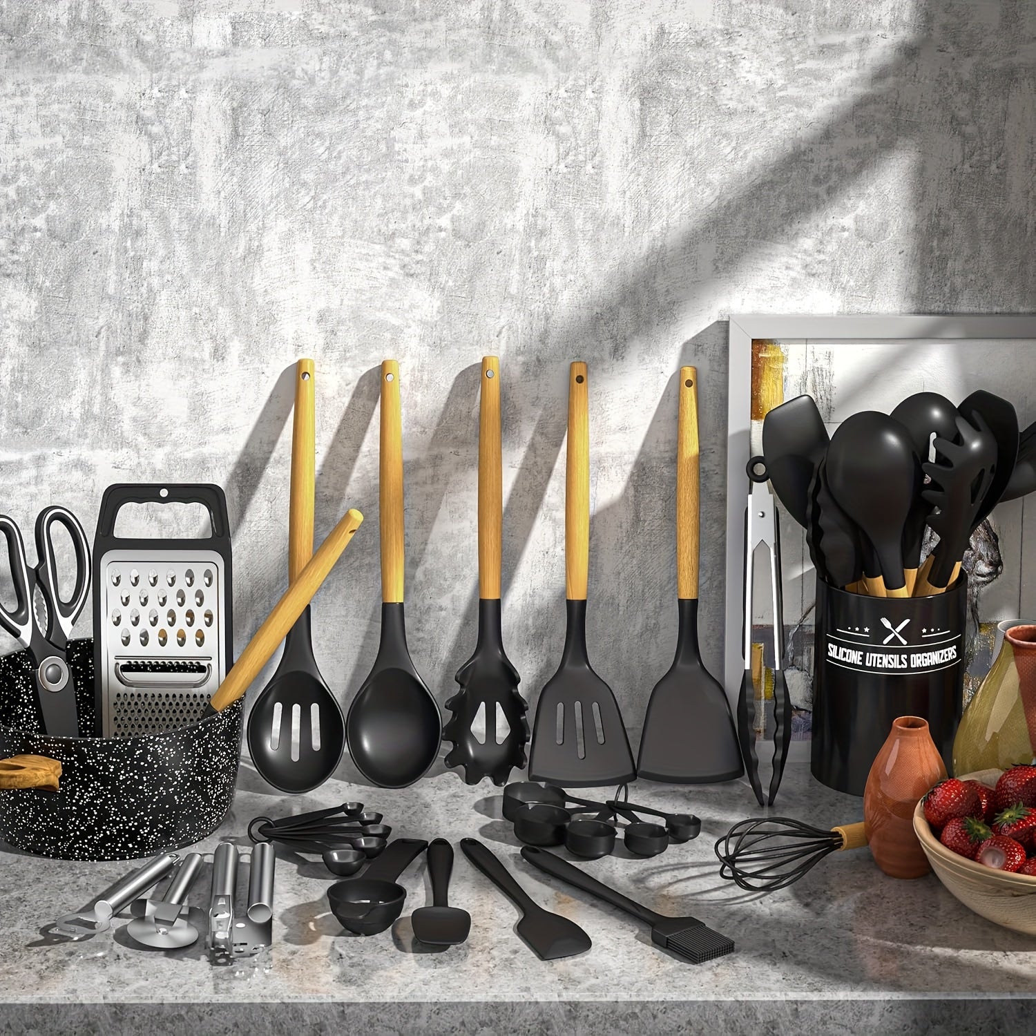 34-Piece Black Silicone Kitchen Utensil Set – Heat Resistant Cooking Tools with Wooden Handles & Holder | Non-Stick, BPA-Free, Dishwasher Safe Kitchen Accessories