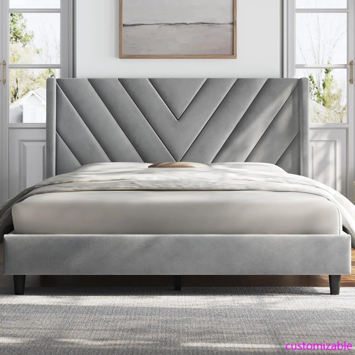 Modern Queen Upholstered Platform Bed Frame with Wingback Tufted Headboard, Wooden Slat Support & No Box Spring Needed