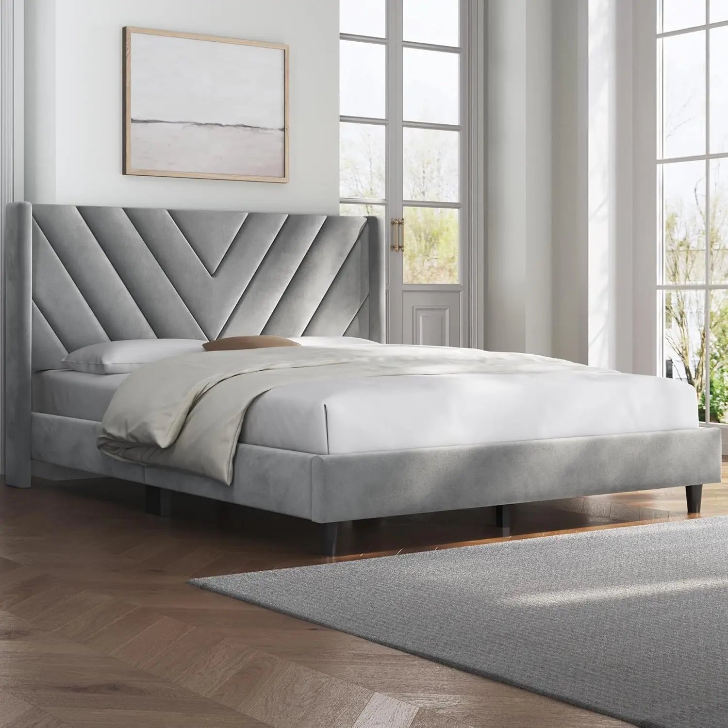 Modern Queen Upholstered Platform Bed Frame with Wingback Tufted Headboard, Wooden Slat Support & No Box Spring Needed