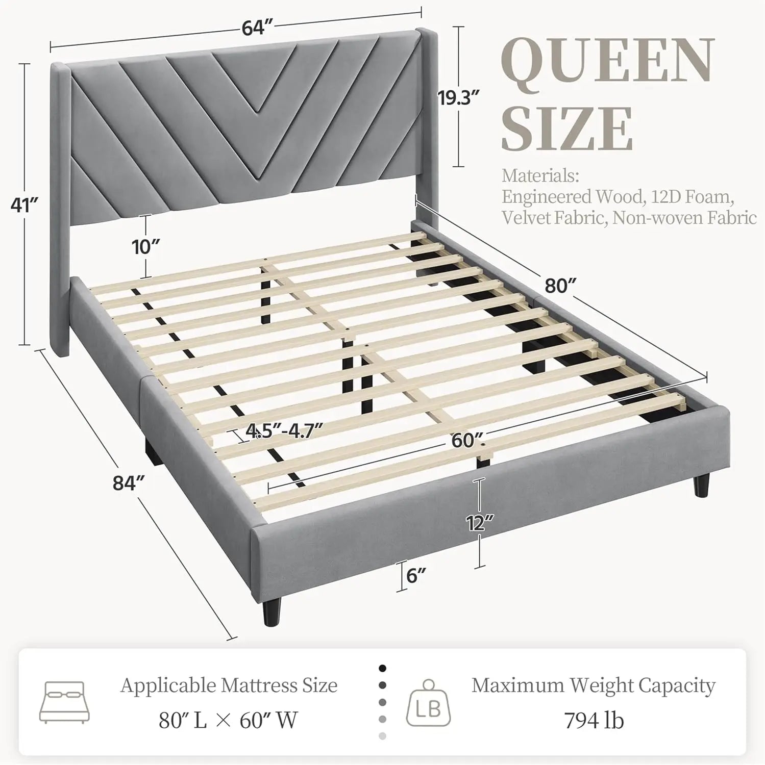 Modern Queen Upholstered Platform Bed Frame with Wingback Tufted Headboard, Wooden Slat Support & No Box Spring Needed