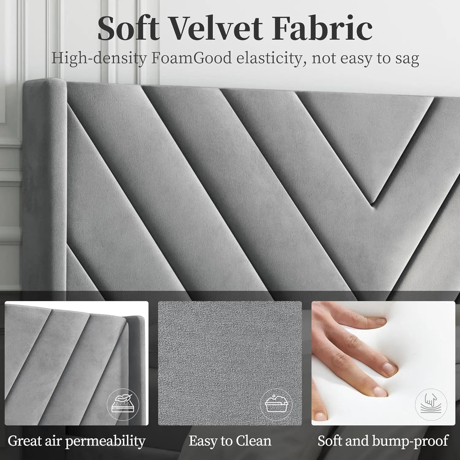 Modern Queen Upholstered Platform Bed Frame with Wingback Tufted Headboard, Wooden Slat Support & No Box Spring Needed