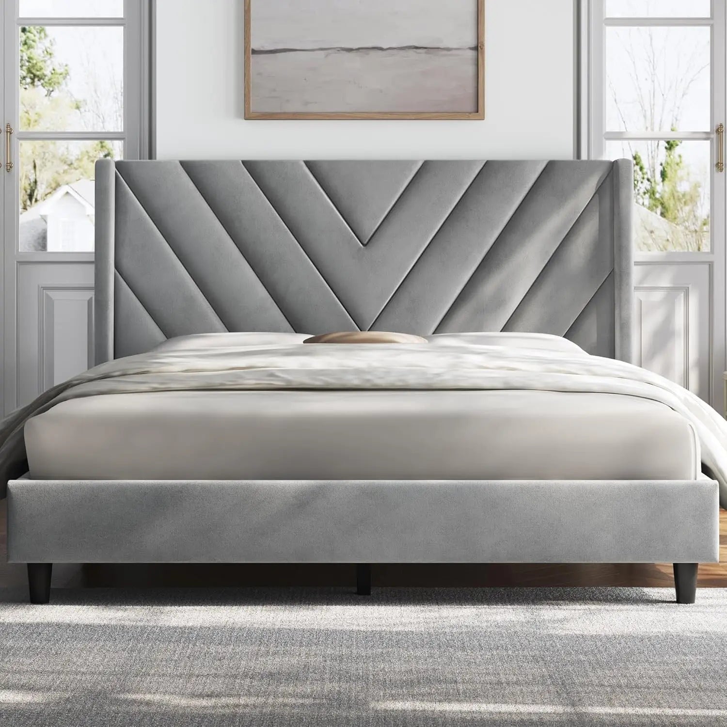 Modern Queen Upholstered Platform Bed Frame with Wingback Tufted Headboard, Wooden Slat Support & No Box Spring Needed