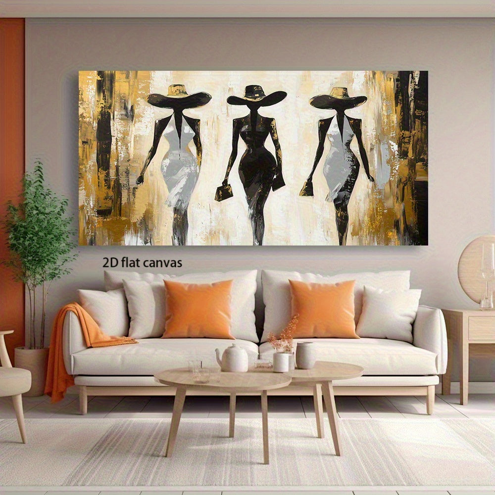 2D Flat Canvas Wall Art – Modern Abstract Fashion Silhouette Painting with Golden & Black Accents