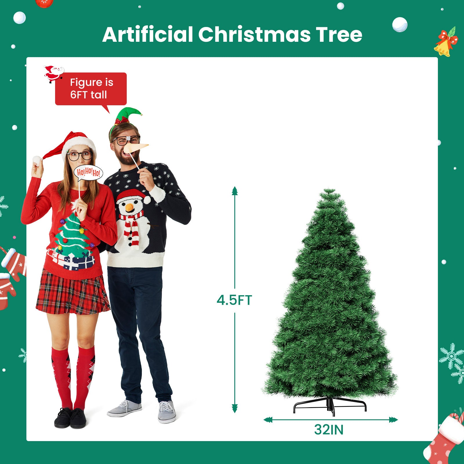 4.5/6/7.5-Foot Pre-Lit Artificial Christmas Tree with Snowflake Decor – 347/700/1000 Tree Tops & 120/250/450 Bulbs, Hinged Structure & Foldable Base for Home, Office, Party Decorations