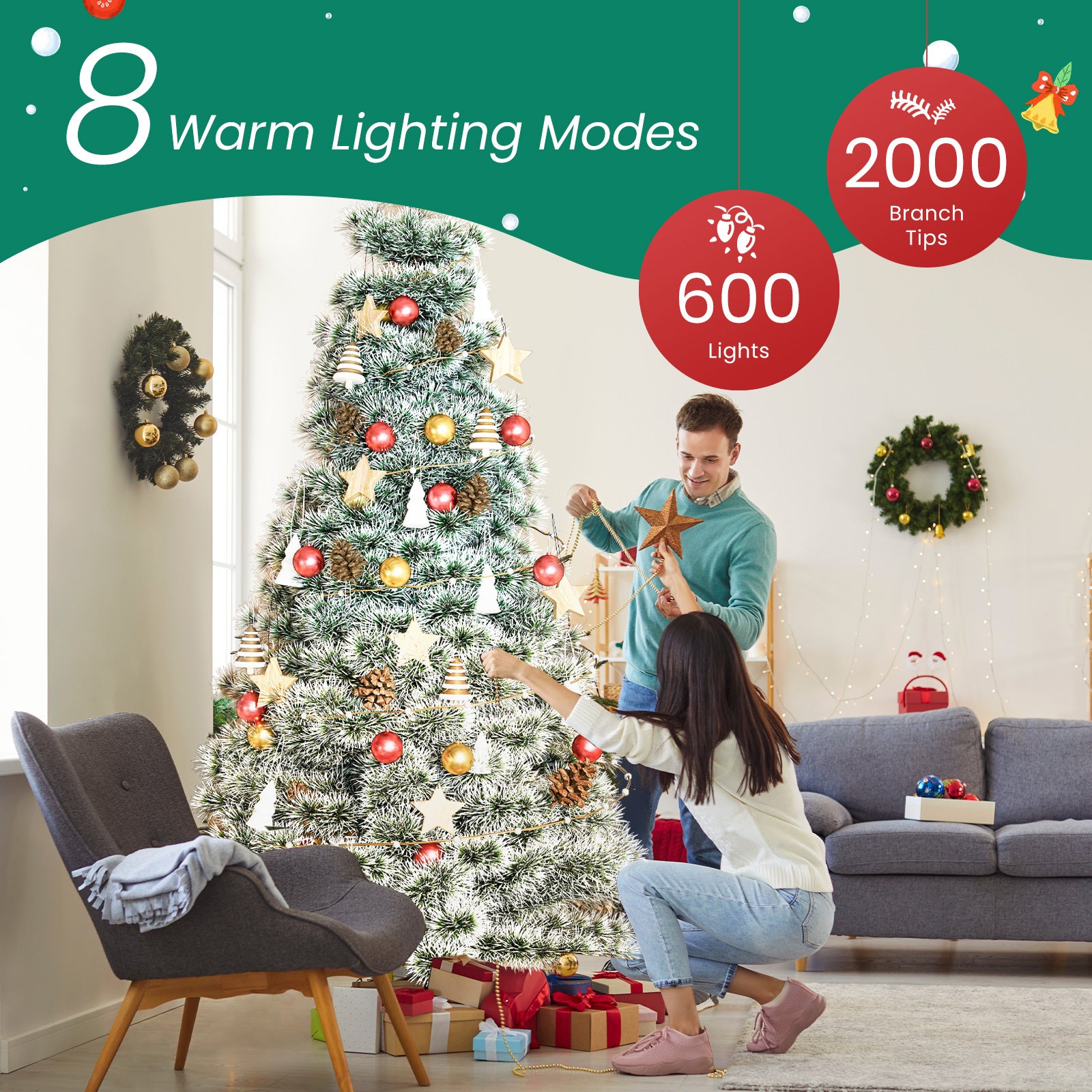4.5/6/7.5-Foot Pre-Lit Artificial Christmas Tree with Snowflake Decor – 347/700/1000 Tree Tops & 120/250/450 Bulbs, Hinged Structure & Foldable Base for Home, Office, Party Decorations