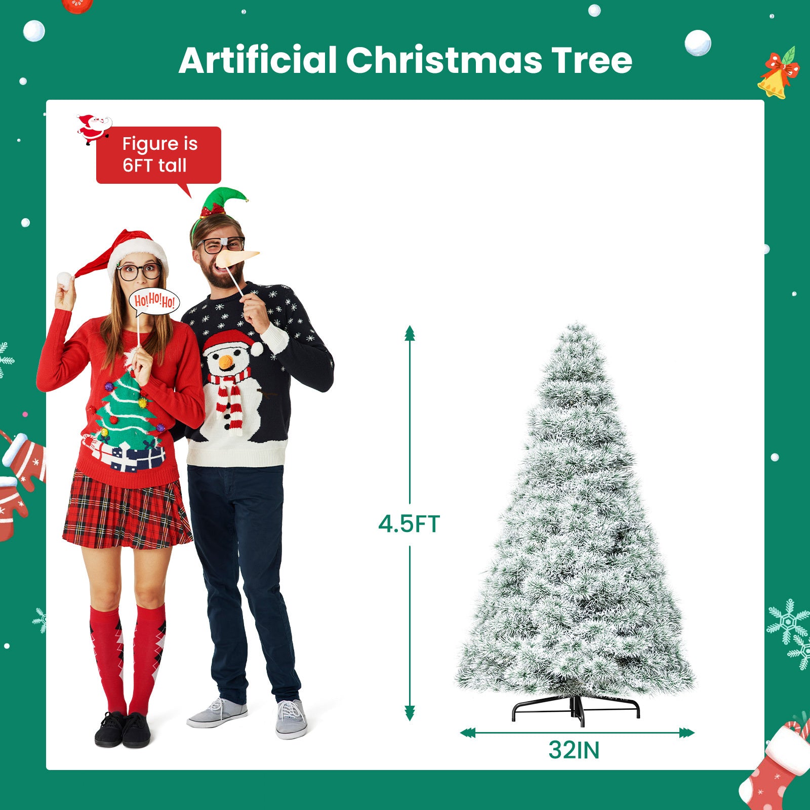 4.5/6/7.5-Foot Pre-Lit Artificial Christmas Tree with Snowflake Decor – 347/700/1000 Tree Tops & 120/250/450 Bulbs, Hinged Structure & Foldable Base for Home, Office, Party Decorations