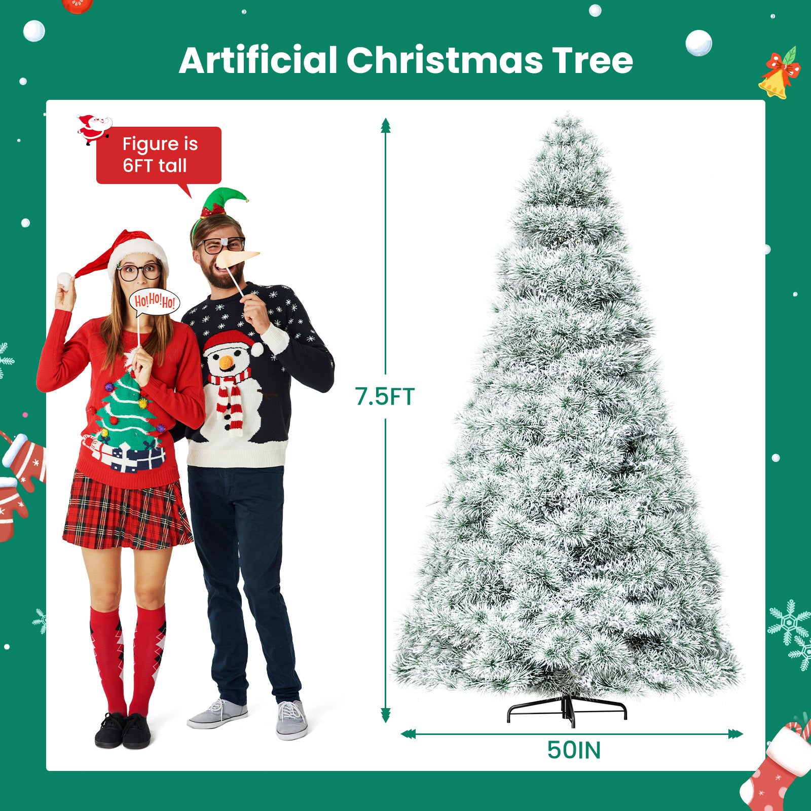 4.5/6/7.5-Foot Pre-Lit Artificial Christmas Tree with Snowflake Decor – 347/700/1000 Tree Tops & 120/250/450 Bulbs, Hinged Structure & Foldable Base for Home, Office, Party Decorations
