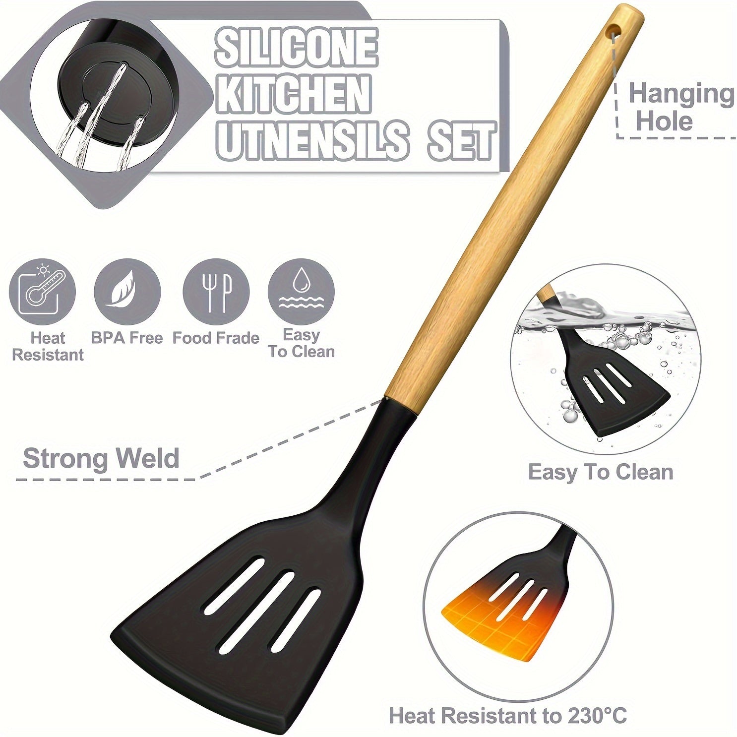 34-Piece Black Silicone Kitchen Utensil Set – Heat Resistant Cooking Tools with Wooden Handles & Holder | Non-Stick, BPA-Free, Dishwasher Safe Kitchen Accessories