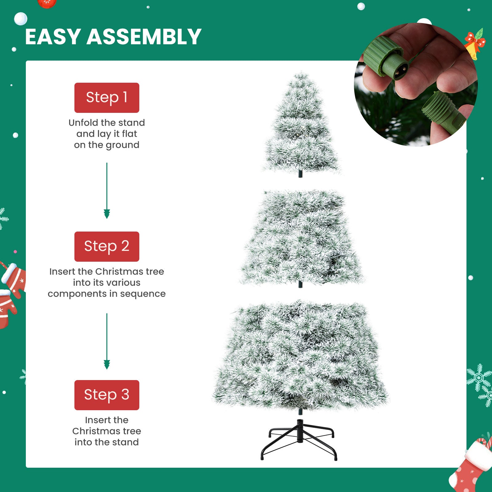 4.5/6/7.5-Foot Pre-Lit Artificial Christmas Tree with Snowflake Decor – 347/700/1000 Tree Tops & 120/250/450 Bulbs, Hinged Structure & Foldable Base for Home, Office, Party Decorations