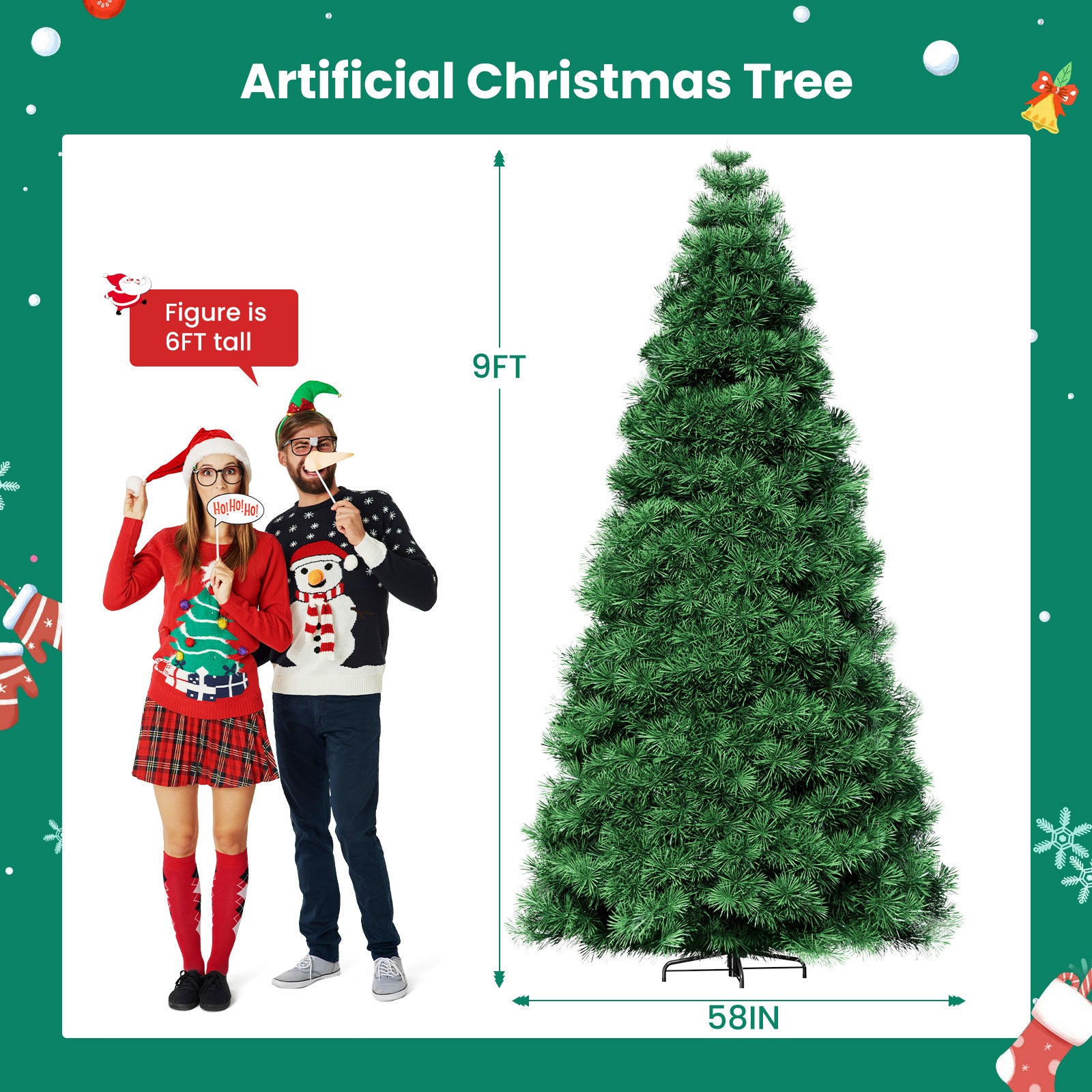 4.5/6/7.5-Foot Pre-Lit Artificial Christmas Tree with Snowflake Decor – 347/700/1000 Tree Tops & 120/250/450 Bulbs, Hinged Structure & Foldable Base for Home, Office, Party Decorations